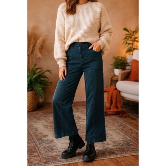 Pilcro Anthropologie Teal Wide Leg Pants 24T | High Rise Utility Cotton Blend - Picture 1 of 7